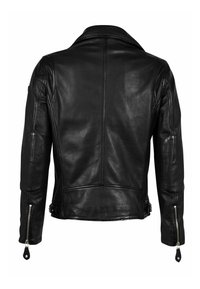Schwarze Leder-Motorradjacke mit Spitzkragen, Reißverschlussärmeln und seitlichen Gürteldetails. Glatte Textur mit einer figurbetonten Passform.