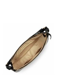 Borsa a tracolla in pelle nera con una cerniera dorata, foderatura interna liscia beige e numerose tasche interne per l'organizzazione.