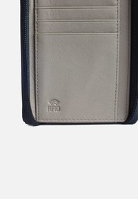 Portafoglio RFID-blocking in pelle grigia chiara con accenti blu; presenta scomparti per carte e chiusura con zip; simbolo "RFID" in rilievo nella parte inferiore.