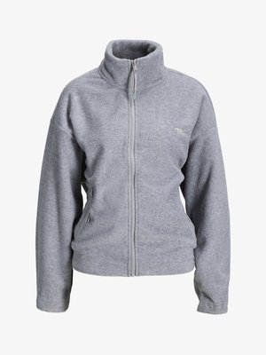 Ljusgrå fleecetröja med dragkedja, hög krage, sidofickor med dragkedja och en liten logotyp på vänster bröst.