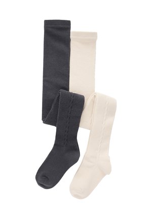 Three pairs of knee-high socks: one dark gray, one cream, and one cream with a cable knit pattern. Soft, stretchy fabric, ribbed design.