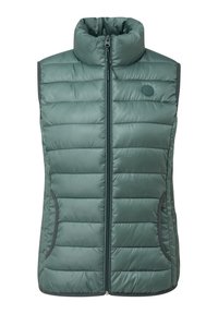 Vadderad väst i mörkgrön med hög krage, framdragkedja och två sidofickor. Har kontrasterande grå kant längs kanterna.