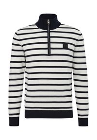 Navy and white striped pullover with a zippered mock neck. Ribbed cuffs and hem. Features a small black logo patch on the chest.