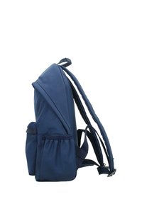 Navy blue backpack with a sleek design, made of soft fabric. Features padded shoulder straps, side pockets, and a zippered main compartment.