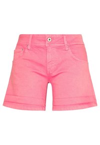 Shorts de mezclilla rosa con cintura ajustada, diseño de cinco bolsillos y cierre de botón. Cuenta con dobladillos enrollados y una textura suave.