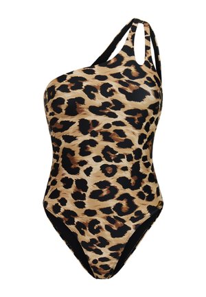 Eén-schouder badpak met luipaardprint en dubbele dunne bandjes aan de rechterkant, met een mix van beige, bruin en zwarte vlekken.