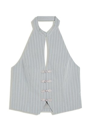 Top halter grigio chiaro a righe sottili con colletto alto e quattro chiusure decorative argento a forma di rana al centro frontale.