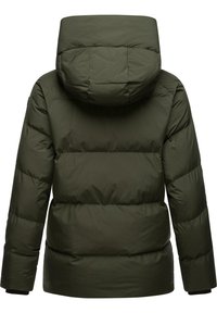 Olivgrön puffjacka med huva, med horisontella bälgar, slät textur och svarta ärmslut. Inga synliga dragkedjor eller accentdetaljer.