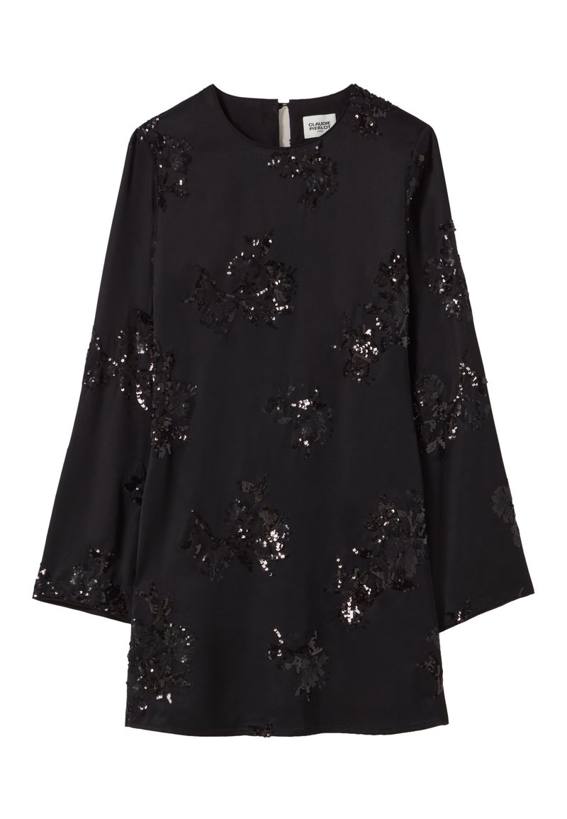 Schwarzes Kleid mit langen Ärmeln, rundem Ausschnitt und floralen Paillettenverzierungen auf dem Stoff. Verschluss hinten mit einem Reißverschluss.