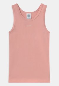 Rosa tettsittende tanktopp laget av glatt bomull, med rund hals, smale skulderstropper og en subtil brodert logo nær toppen.