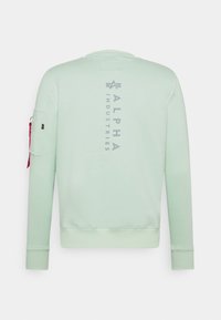 Felpa verde menta con una texture morbida, caratterizzata da un logo grigio verticale sulla schiena e una tasca laterale con una cerniera rossa in evidenza.