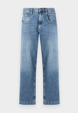 Kék egyenes szabású farmernadrág elöl gombos és cipzáras záródással, elülső zsebekkel és világos, kifakult mosott hatással.