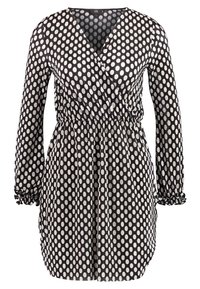 Schwarzes und weißes gepunktetes Wickelkleid mit langen Ärmeln, elastischem Bund und gerafften Manschetten. Glatter Stoff mit V-Ausschnitt.