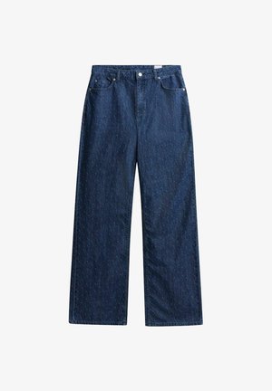 Denim wide-leg jeans in dark blue, featuring a subtle textured pattern. Classic five-pocket design with a zipped fly and button closure.