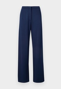 Navy blue, wide-leg trousers made from soft, stretchy fabric, featuring a smooth waistband and discreet side pockets.