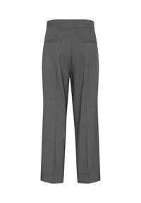 Gray, tailored trousers with a straight leg design, featuring two rear pockets and a smooth fabric texture.