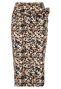Gonna a matita con stampa leopardata in tessuto morbido, caratterizzata da vita alta, dettaglio annodato sul lato e silhouette aderente.