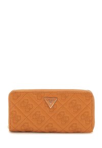 Portafoglio arancione trapuntato in pelle sintetica, con logo triangolare in argento, chiusura con zip e motivo in rilievo del logo. Forma rettangolare.