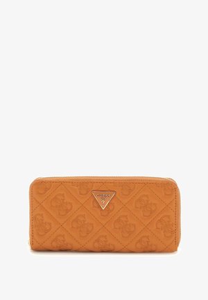 Quilted orange wallet made of faux leather, featuring a silver triangle logo, zip closure, and embossed logo pattern. Rectangular shape.