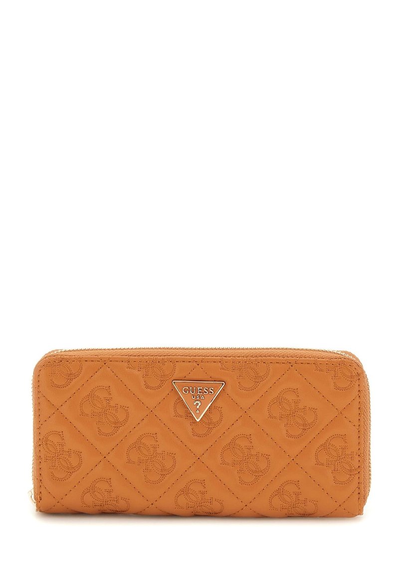 Portafoglio arancione trapuntato in pelle sintetica, con logo triangolare in argento, chiusura con zip e motivo in rilievo del logo. Forma rettangolare.