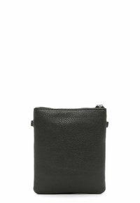 Black leather crossbody bag with a textured surface, zip closure at the top, and a slim, rectangular shape. Adjustable strap included.