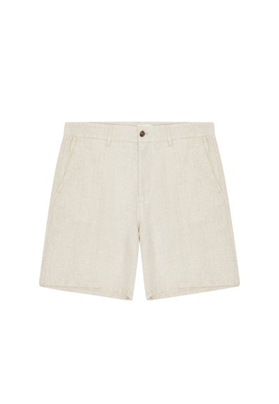 Shorts en mélange de lin beige avec bouton à l'avant, fermeture éclair, passants pour ceinture et poches latérales en biais.