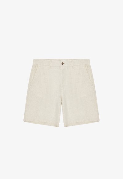 Shorts en mélange de lin beige avec bouton à l'avant, fermeture éclair, passants pour ceinture et poches latérales en biais.