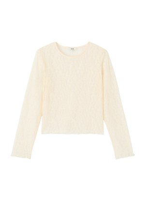 Haut en dentelle crème à manches longues avec un col rond, design court, tissu texturé et bords de manches festonnés.
