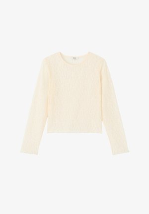 Haut en dentelle crème à manches longues avec un col rond, design court, tissu texturé et bords de manches festonnés.