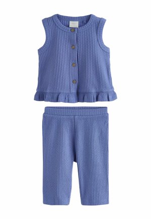 Sleeveless ribbed blue baby top with wooden buttons and ruffled hem, paired with matching ribbed blue baby pants.
