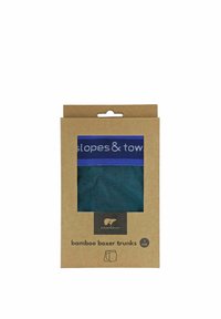 Bamboo bokserki w ciemnozielonym kolorze, z niebieskim pasem w talii z napisem "slopes & town", zapakowane w brązowe pudełko kartonowe.