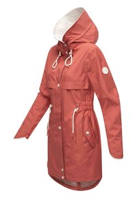 Water-resistant coral jacket with white accents, adjustable hood, front pockets, elastic waist, and a rounded hem with striped lining.