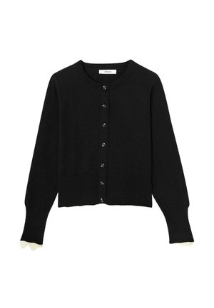 Cardigan noir à manches longues boutonné avec encolure ronde et poignets légèrement évasés laissant apparaître un tissu blanc intérieur.