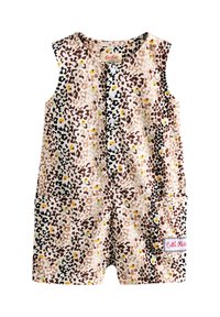 Hihaton lasten haalari kevyestä kankaasta, jossa on beige tausta, ruskeita ja mustia leopardinkuviota, kaksi etutaskua ja merkki.