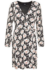 Svart omlottklänning med långärmar, V-ringning och blommönster i vitt och orange. Tyget har en slät textur med ett bälte vid midjan.