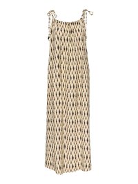 Robe maxi beige sans manches avec motif losanges allongés noirs et marron, bretelles réglables à nouer et encolure froncée.