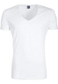 Witte V-hals t-shirt gemaakt van zachte katoen, met korte mouwen en een aansluitend ontwerp met een gladde textuur.