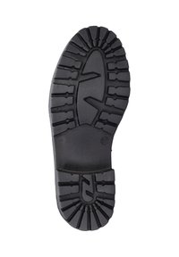 Semelle de chaussure en caoutchouc noir présentant un motif de bande de roulement texturé, une section de talon incurvée et le numéro de taille 37 en relief près du talon.