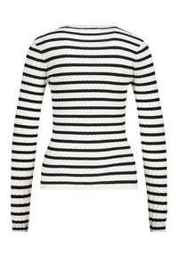 Ribbed knit sweater in white with navy vertical stripes. Features long sleeves and a wide neckline, showcasing a fitted silhouette.