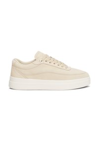 Beige Leder-Sneaker mit runder Zehenpartie, flachen Schnürsenkeln und einer weißen Gummisohle. Verfügt über dezente Nähte und ein kleines Logo-Akzent an der Seite.