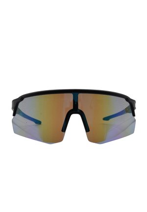 Occhiali da sole sportivi con una montatura nera, grandi lenti specchiate che mostrano sfumature di oro e blu, e un design avvolgente per una copertura completa.