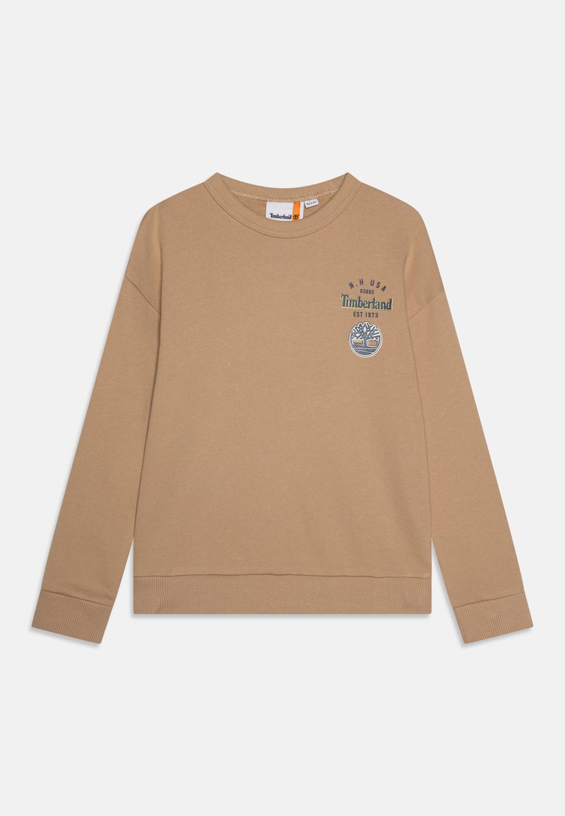 Felpa in cotone beige con maniche lunghe, polsini a coste e scollo rotondo. Presenta il logo Timberland e l'emblema dell'albero sul davanti.