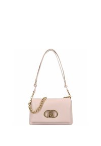 Roze leren handtas met een gladde textuur, voorzien van een gouden ketting en verstelbare band, en een opvallende gouden logo-sluiting.