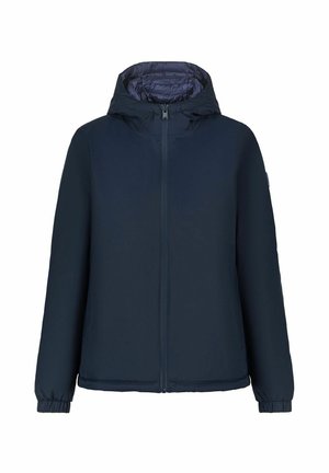 Marineblauwe capuchonjack met een volledige rits, elastische manchetten en zijzakken. Glad exterieur en gevoerde interieurvoering. Eenvoudig ontwerp.