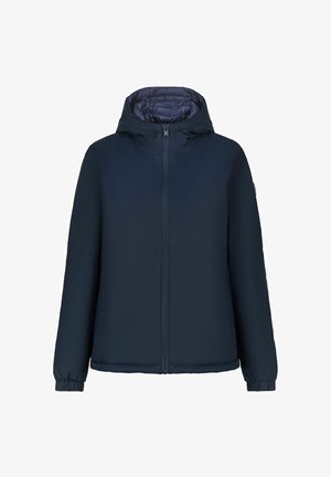 Giacca con cappuccio blu navy con zip completa, polsini elasticizzati e tasche laterali. Esterno liscio e interno imbottito a trapunta. Design semplice.