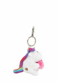 Portachiavi a forma di unicorno bianco in peluche, con una criniera arcobaleno colorata e un cuore rosa. Include un moschettone e un anello per il fissaggio.