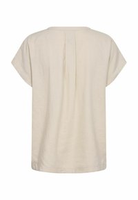 Beige Leinenoberteil mit kurzen Ärmeln, Rundhalsausschnitt und Faltendetail im Rücken. Glatte Textur, lockere Passform und lässige Form.