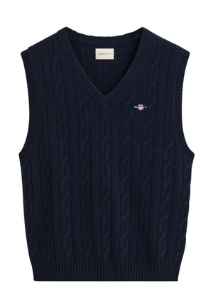 Marineblaue ärmellose Pulloverweste mit Zopfmuster, V-Ausschnitt und kleinem gesticktem Logo auf der Brust.