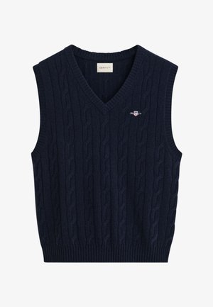 Marineblaue ärmellose Pulloverweste mit Zopfmuster, V-Ausschnitt und kleinem gesticktem Logo auf der Brust.