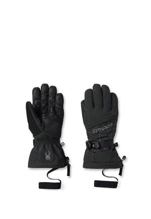 Paire de gants d'hiver noirs avec des sangles ajustables au poignet, logos d'araignée, et paumes texturées sur fond blanc.